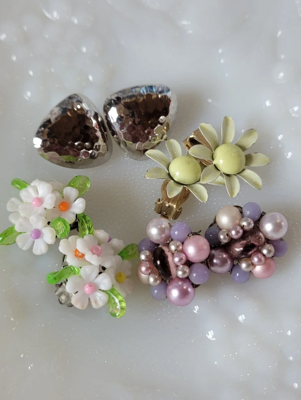 Vintage Floral & Bead Clip-On Earring Set - Pastel Multicolor